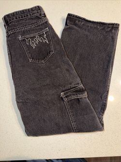 Baggy Black Embroidered Streetwear Skater Cargo Jeans Y2K 26x28