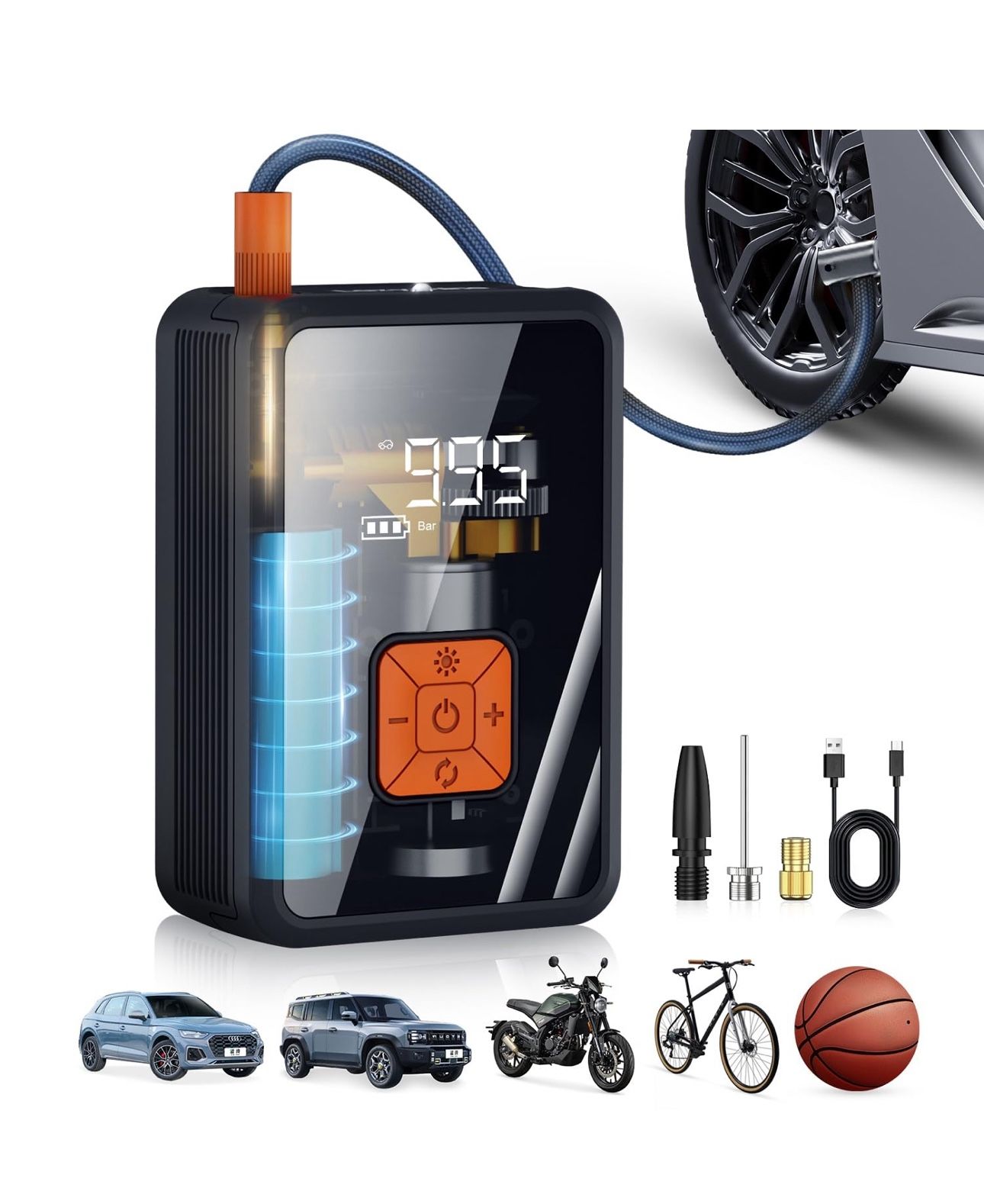 Portable Air Pump for Car Tires, 150 PSI Tire Inflator Cordless with LED Light, Rechargeable Auto Shut-off Air Compressor 2X Fast Inflation Tire Pumps