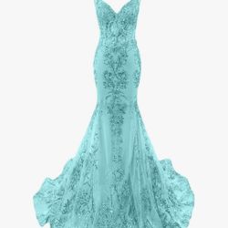 Blue lace mermaid prom dress 