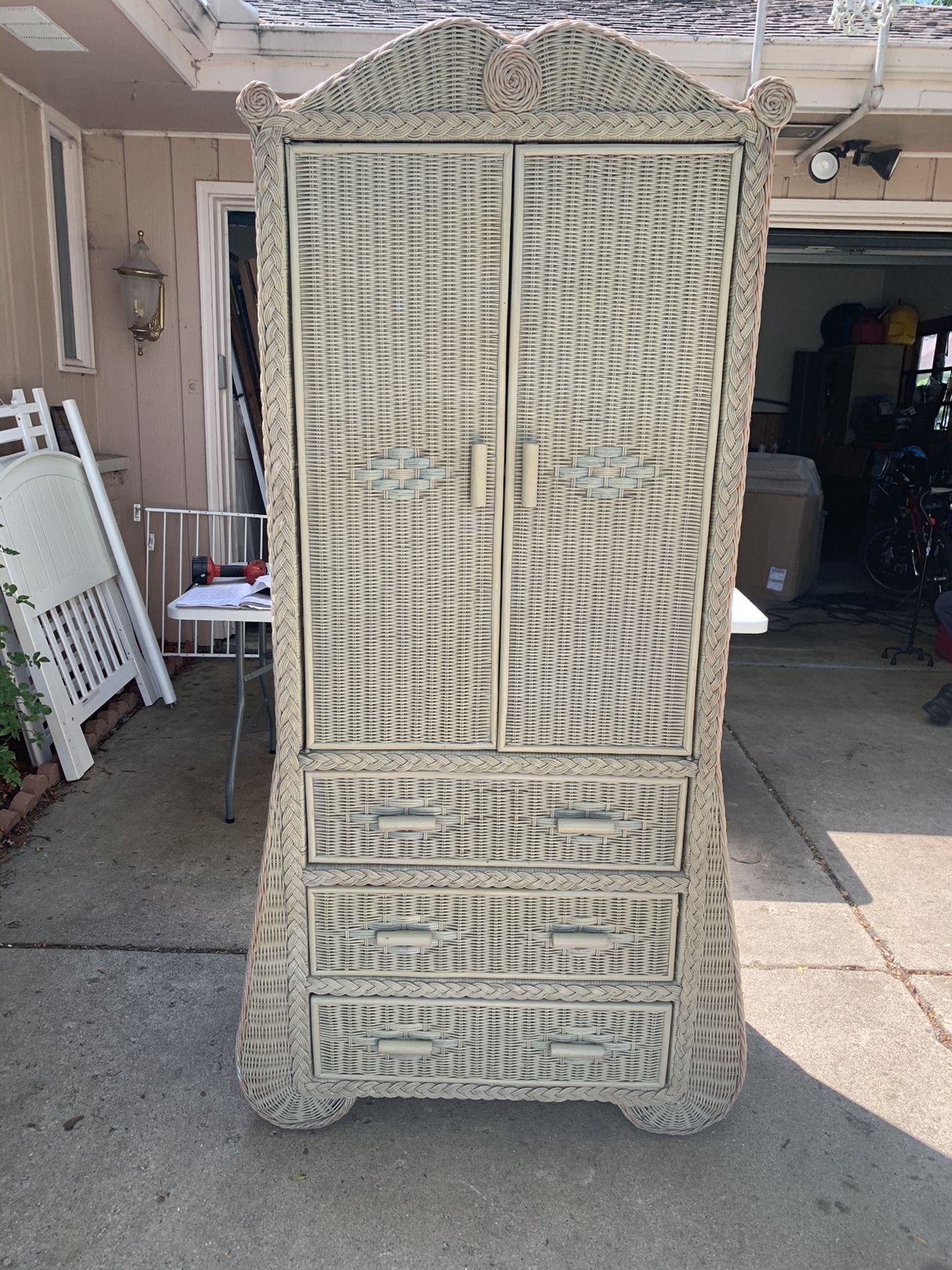 Antique wicker armoire for kids clothes