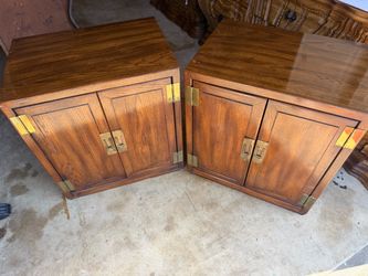 2 Vintage Campaign Two Door Oak & Brass Hardware Cabinet or Cupboard / Nightstands