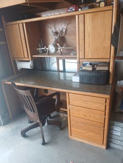 Oak Desk with Hutch and Glass Top