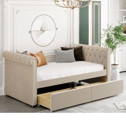 Harper & Bright Designs Twin Daybed with Storage Drawers, Twin Size Upholstered DaybedWood Upholstered Tufted Sofa Bed, No Box Spring 