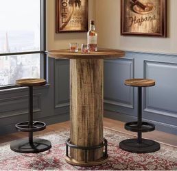F2548 Round Bar Table with Chairs, Industrial Bistro Sets with 2 barstools, Pub Cocktail Table with Metal Ring Footrest for Kitchen Nook, Apartment, S
