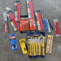 Mixed Drill Bit Lot – Wood, Masonry, Glass/Tile, Metal (Hilti, Irwin, Blu-Mol, DeWalt, Ryobi)