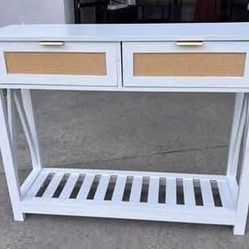 New in Box Console Table with 2 Rattan Drawers Entryway Table w/ 3-Tier Shelve White
