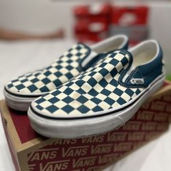 Teal Checkered Slip On Vans 