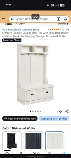 rosley Furniture Seaside Hall Tree with Shoe Rack Bench and Coat Hooks for Hanging Storage, Distressed Whit