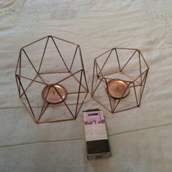 2 Rose Gold Geometric Metal Candle Holder Set Designed For Tea lights. With 3 Piece Scented Votive Candles.