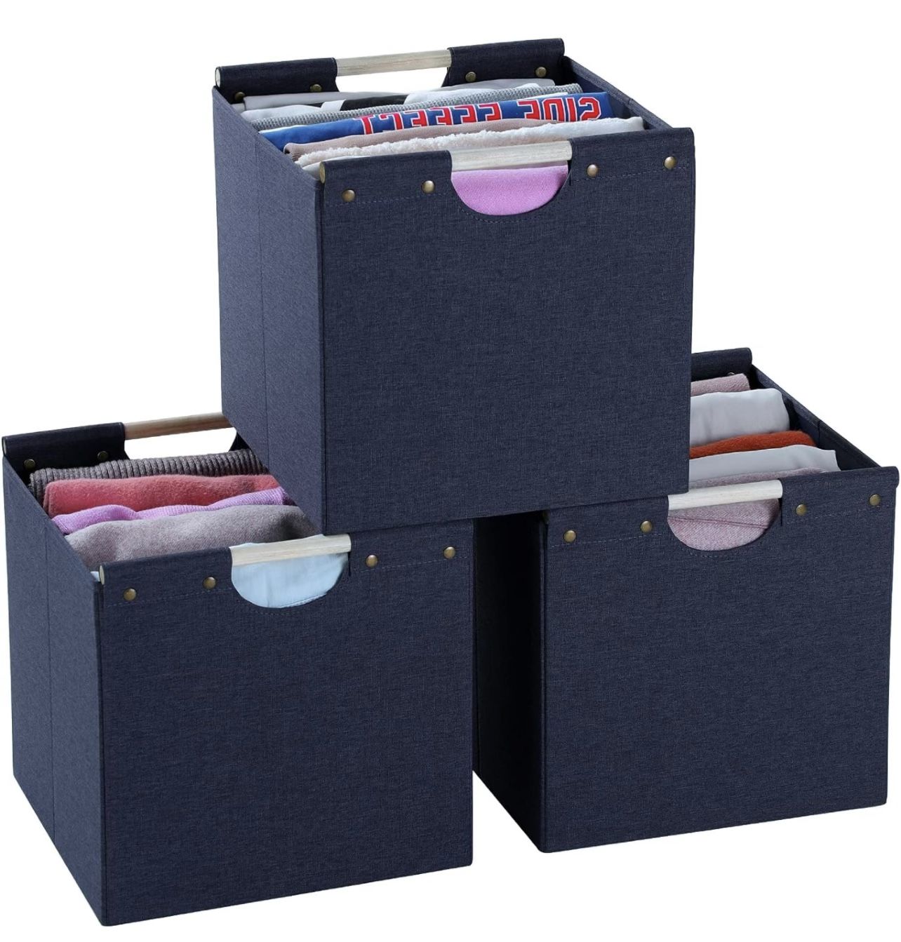 MORMAX Foldable Cube Storage Bins, Linen Fabric, 12 Inch Storage Cubes with Dual Wooden Handles, Pack Of 3