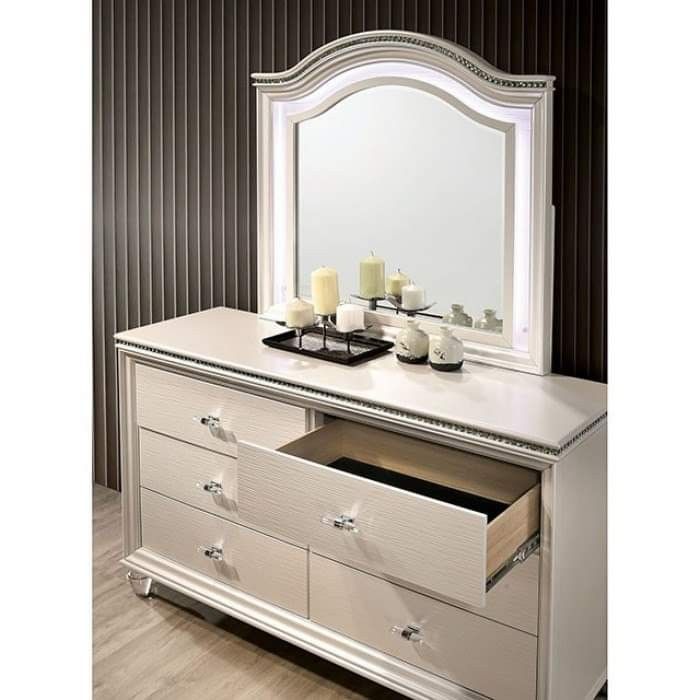 GLAM STYLE PEARL WHITE FINISH 6 DRAWER DRESSER BLING