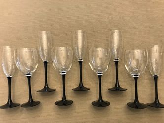 ELEGANT BLACK STEM WINE GLASSES AND CHAMPAGNE FLUTES