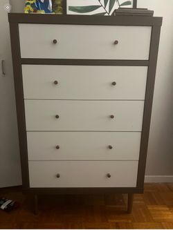 Mid-Century Modern Walnut & White 5-Drawer Tall Dresser