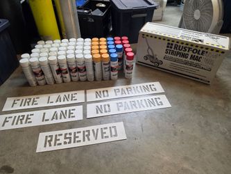 Parking lot striping machine + paint + stencil