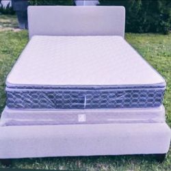 QUEEN SIZE MATTRESS SET WITH GRAY CLOTH COVERED BED FRAME