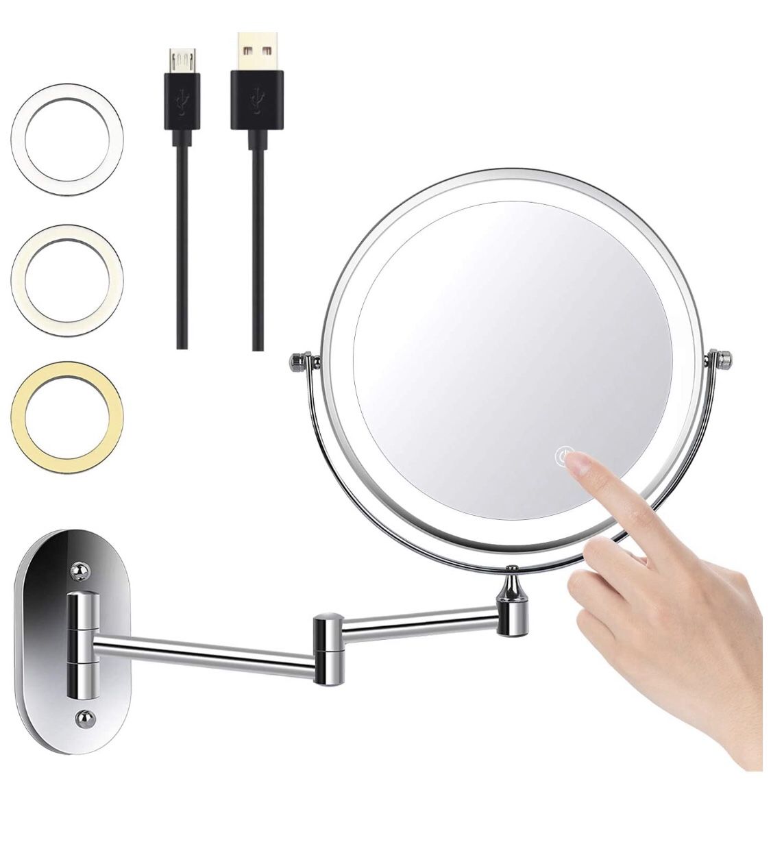 8" LED Wall Mounted Makeup Mirror 3 Color Mode USB Charge Touch Screen Adjustable Light Double Sided 1X/5X Magnifying Vanity Mirror Swivel Extendabl