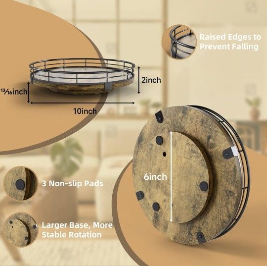 Lazy Susan Turntable Organizer for Table Top, 10" Round Wooden Lazy Susan for Cabinet Kitchen Countertop Pantry Coffee Table for Condiments Spices, Ru