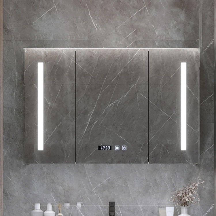 36"x26" Smart Medicine Cabinet w/ LED Light Mirror, Time Temperature Display w/ Storage Solid Wood