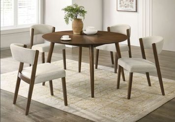 Brand New Walnut & Beige Mid-Century Modern Style 5pc Dining Table Set
