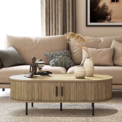Luxenhome 23.6 in. Brown Round Wooden Coffee Table with Storage and Slatted Sliding Doors，IF1979