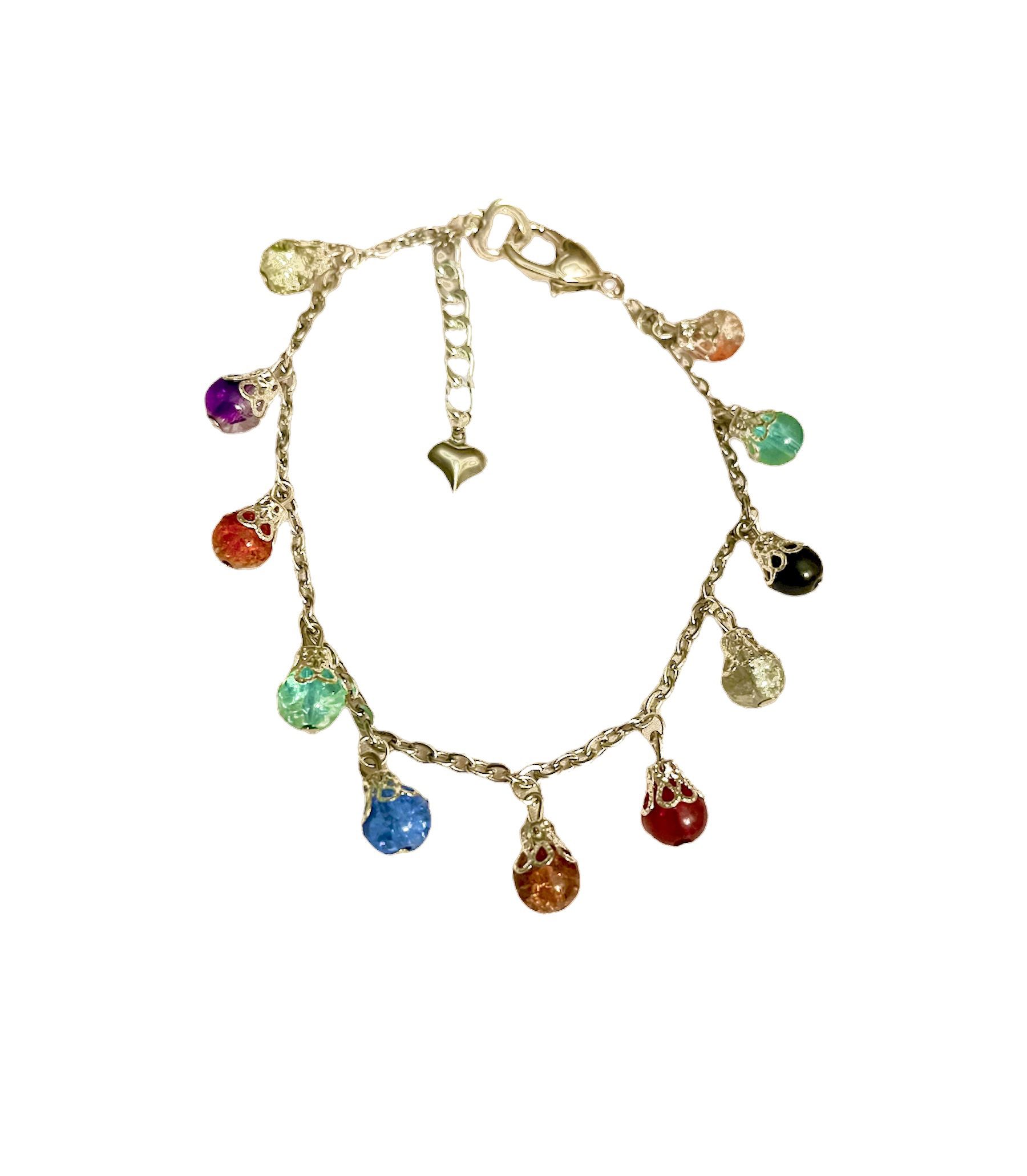 Handmade Anklet With Rainbow Beads - Silver Stainless Steel - Adjustable