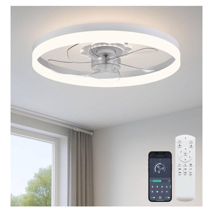 Fszdorj 20” Flush Mount Low Profile 6 Speeds LED Ceiling Fan (White)