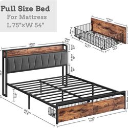 LIKIMIO Full Size Bed Frame, Storage Headboard with Charging Station, Platform Bed with Drawers, No Box Spring Needed, Easy Assembly, Vintage Brown an
