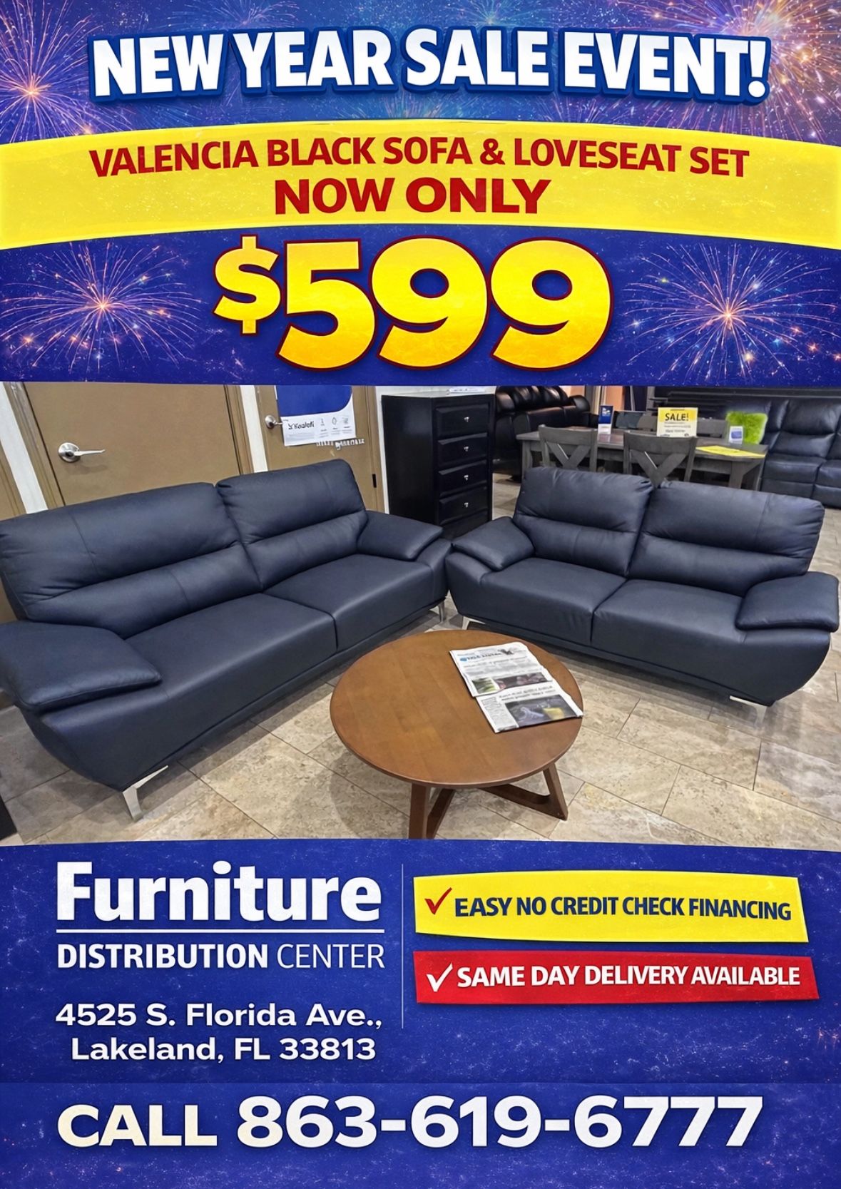 New year sale. Valencia black sofa and loveseat set $599. Easy finance option. Same day delivery.