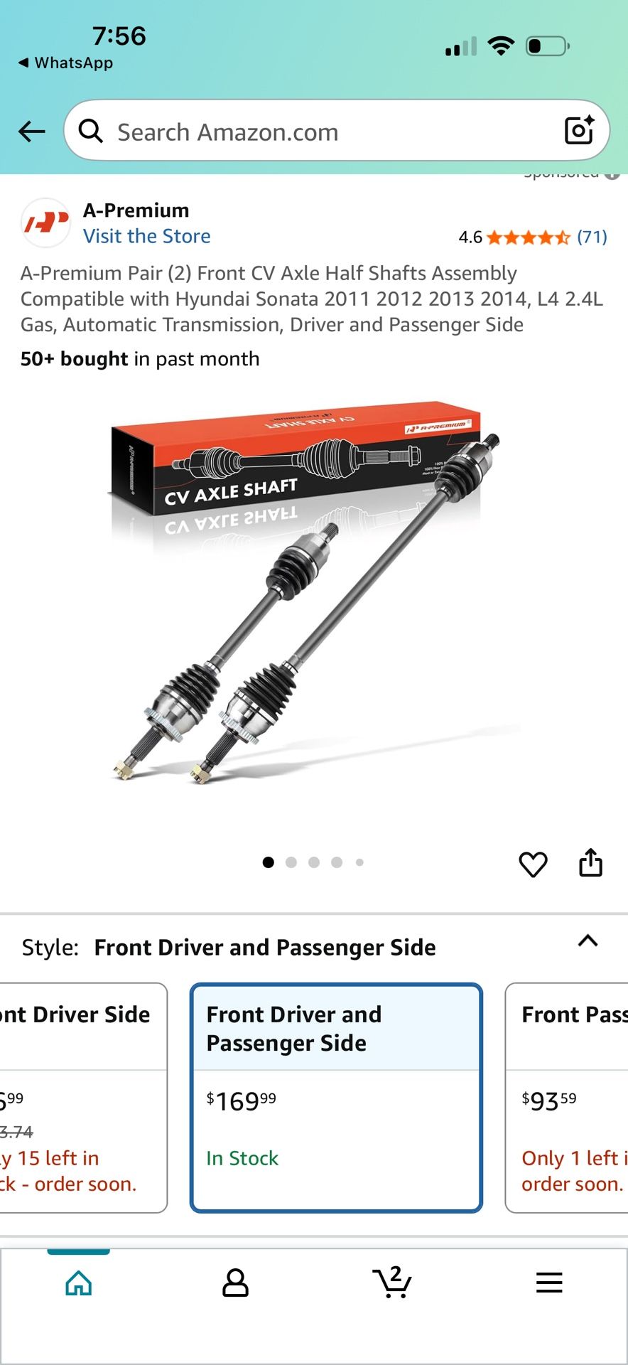 A-Premium Pair (2) Front CV Axle Half Shafts Assembly Compatible with Hyundai Sonata 2011 2012 2013 2014, L4 2.4L Gas, Automatic Transmission, Driver 