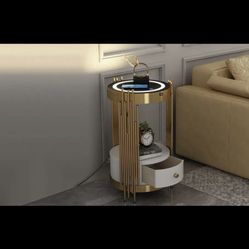 Wangpengkai Gold Led Smart Nightstand with Drawer,Sofa Round Narrow End Table w