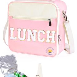 NEW Cute Insulated Lunch Bag With Chenille Letter, Reusable Tote Bag With Adjustable Shoulder Strap