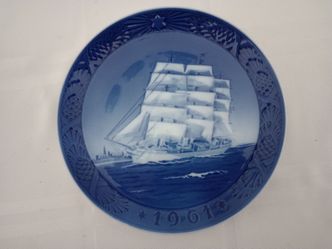 1961 Royal Copenhagen Plate The Training Ship Denmark Blue White