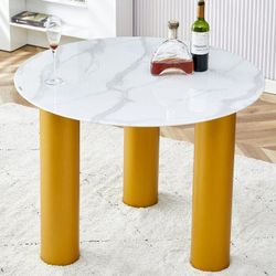 NEW Round White Dining Table with Artificial Marble Glass Top & Golden MDF Legs - 40x40x29.4 Inches