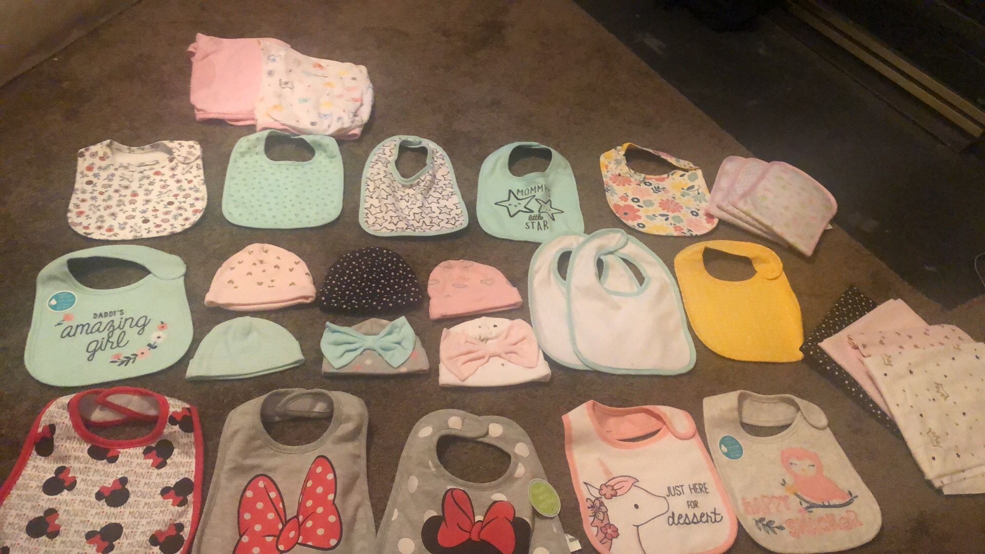 Baby girl bibs, hats, burp clothes , and Swaddle blankets