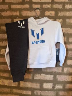 NWT Messi Kids Hoodie & matching pants with logo Size 5 White Blue NWT Soccer Pullover