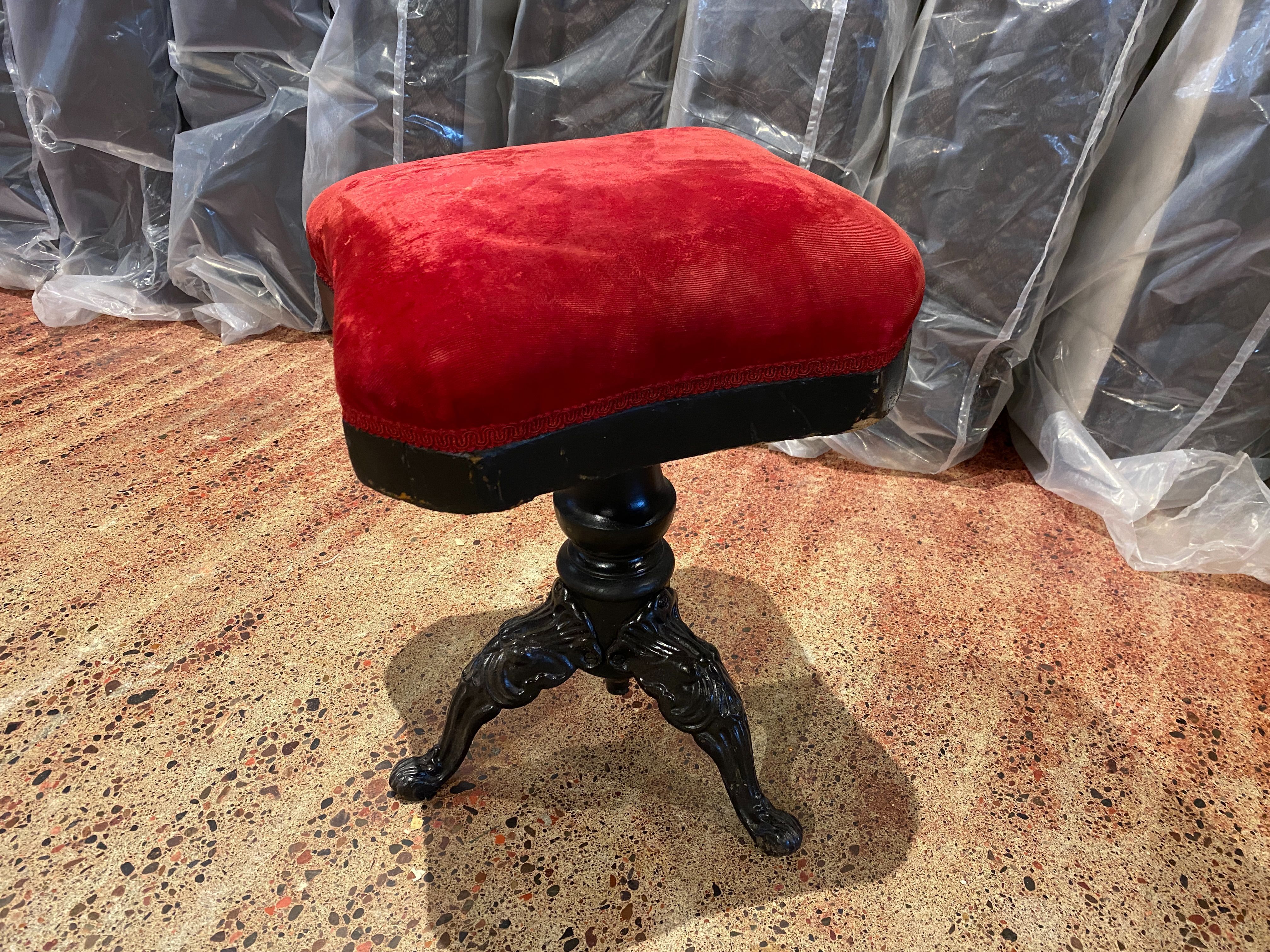 Antique Red Velvet and Cast Iron Piano Stool