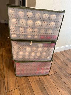 Christmas Ornament Storage Boxes Set of 3 full of red and silver ornaments