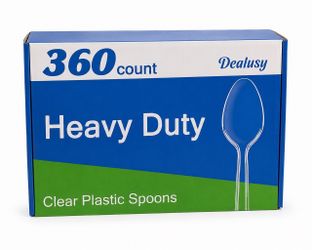 Heavy Duty Clear Plastic Spoons – 360 Count Sealed + Open Box