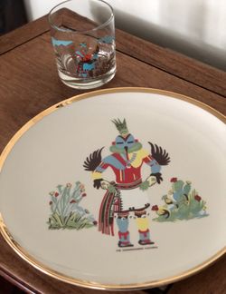 Collectible Plate "The Hummingbird Kachina" Limited Edition (Serial No. 42) with a Vintage Couroc of Monterey Hummingbird Kachina Retro Glass