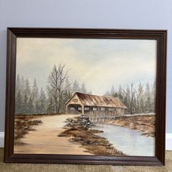 Vintage oil painting “Covered Bridge Landscape”