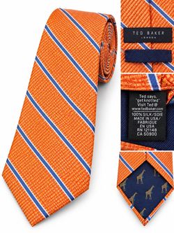 Ted Baker London Men's 100% Silk Tie Orange Blue Stripe Made in USA Giraffe