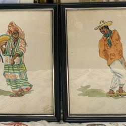Pair of Mexican Art Prints Man and Woman in Traditional Dress by Raul 1963 11” x 9”