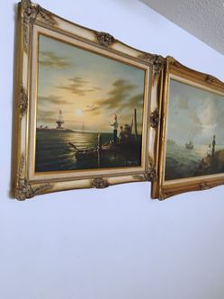 2 paintings of two boys fishing are oil on canvas