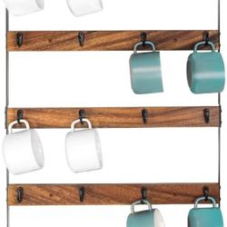 Wall Mounted Coffee Mug Holder, Large 5 Tier Shelf with 20 Hooks for Cups, Rustic Wooden Display Rack for Kitchens, Homes and Bars