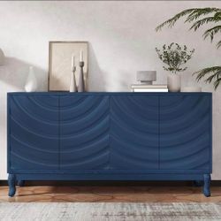 Blue Elegant Sideboard Featuring Sophisticated Wavy Pattern Doors with Arched Groove Design in A Stylish