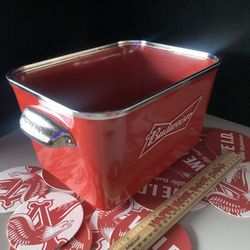 🎁 New Budweiser 6 Pack Plastic Beer Cooler And 20 Bar Coasters 