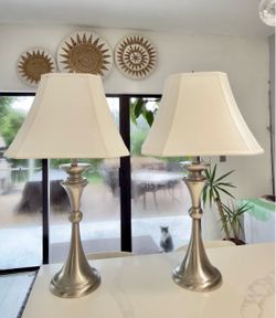 Pair of Brushed Nickel Table Lamps with Cream Bell Shades