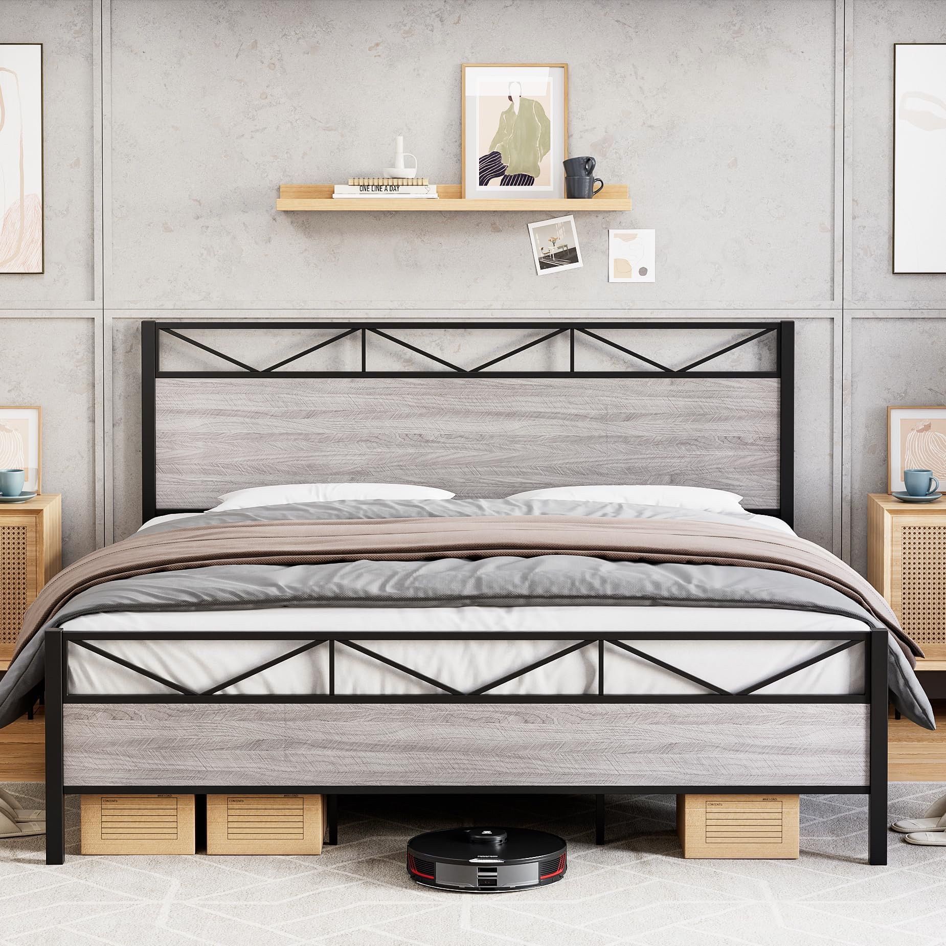 Garvee Bed Frame King Size, with Rustic Wood Headboard and Footboard, Sturdy Steel Slat Support, Noise Free, No Box Spring Needed, Easy Assembly (Ligh