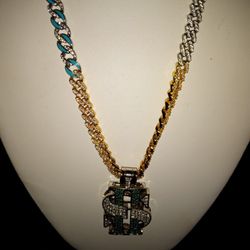 Brass Three Tone Chain With Cz Diamonds And Money Sign Charm