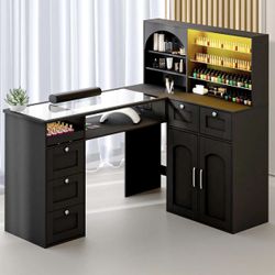 Manicure Table Nail Tech Desk w/LED Display Shelf